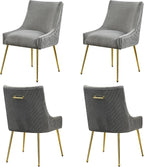 Velvet Dining Chairs Set of 4 Gold Legs,Upholstered Velvet Accent Chairs, Pleated Back Design & Gold Pull Handle, Mid Century Modern Chairs for Dining/Kitchen/Living Room,Light Grey