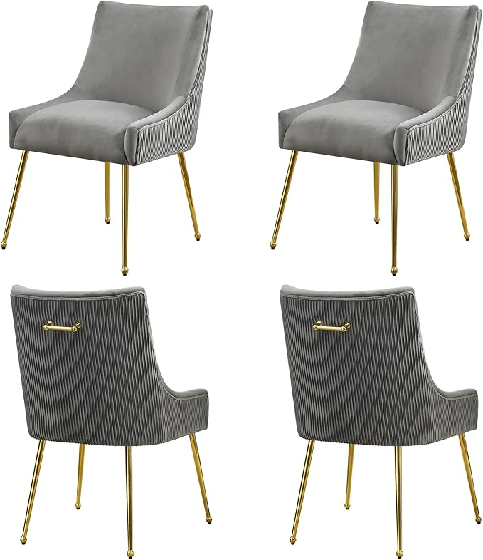 Velvet Dining Chairs Set of 4 Gold Legs,Upholstered Velvet Accent Chairs, Pleated Back Design & Gold Pull Handle, Mid Century Modern Chairs for Dining/Kitchen/Living Room,Light Grey