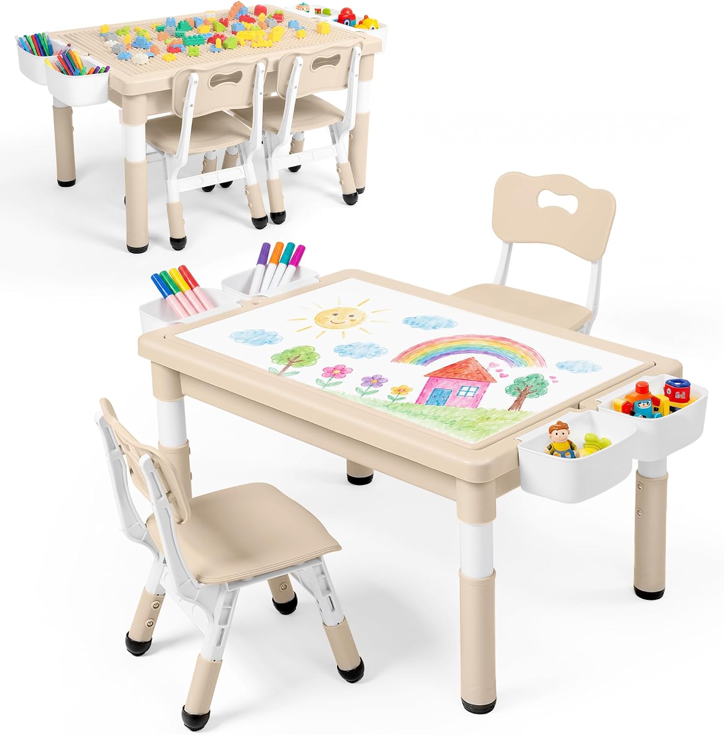Kinder King Kids Table & 2 Chairs Set, Height Adjustable Children Activity Table w/Storage, Graffiti & Building Blocks Tabletop, Toddler Furniture Set for Classroom, Daycare, Home, Age 3+, Khaki
