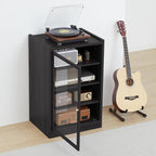 LEVNARY Media Cabinet with Door, Black 5-Tier Stereo Cabinet with Adjustable Shelves, AV Media Storage Shelf with Cable Management, Audio-Video Rack Stand for Living, Gaming, Recording Room (Black)