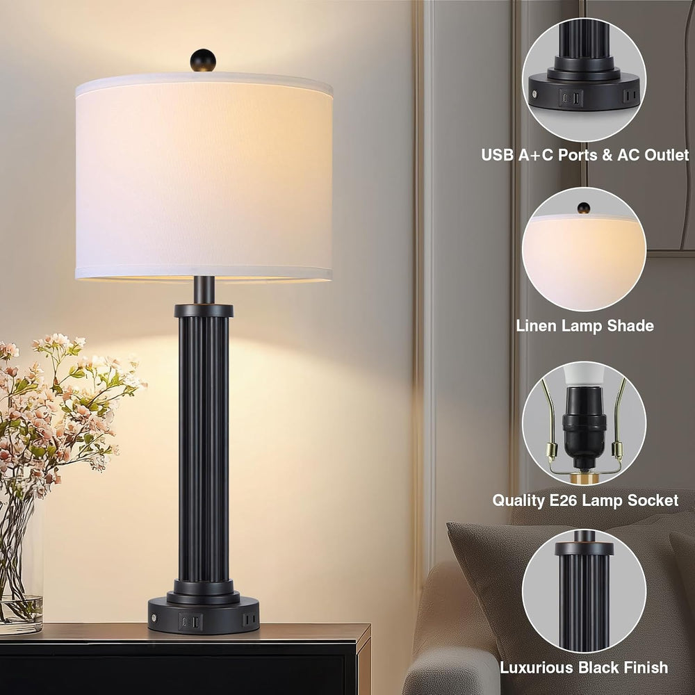 28" Tall Modern Table Lamps with USB C+A Ports and AC Outlet, 3 Way Touc...