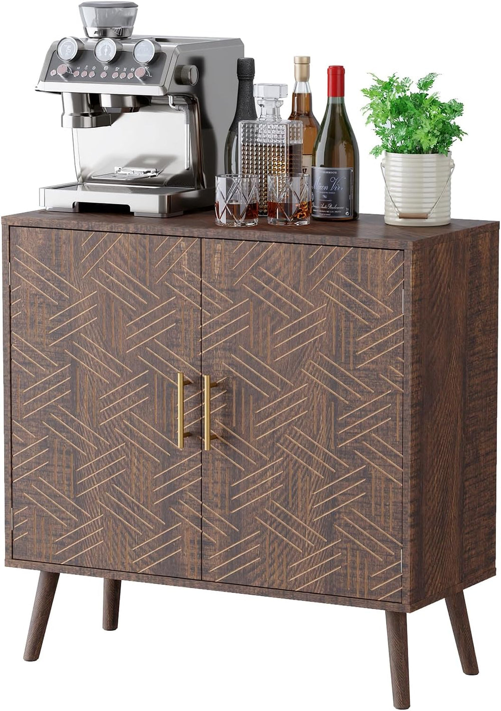 Sideboard Buffet Cabinet with Storage, Elegant Wood Accent Cabinet with Line ...