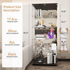 Beauty4U Glass Display Cabinet with Mirror Back Panel, 5 Shelves with 2 Doors, Curio Cabinets for Living Room, Bedroom, Office, Black Floor Standing Glass Bookshelf, Quick Installation