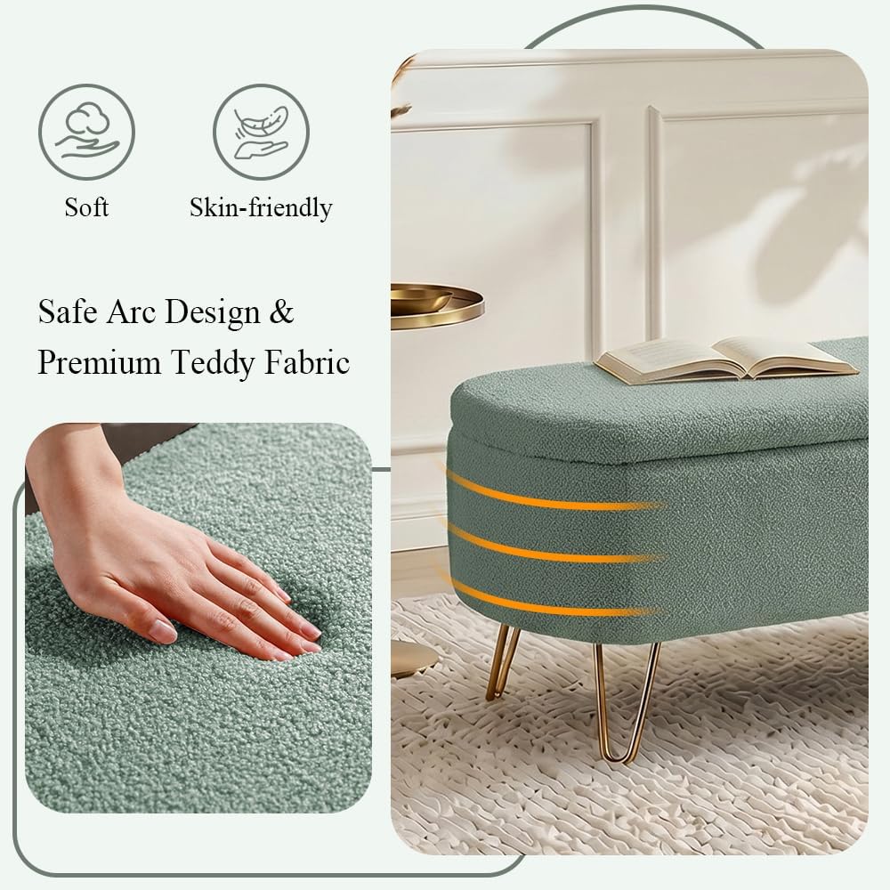 Modern Storage Ottoman Bench, Teddy Upholstered Entryway Bench with Gold Legs...