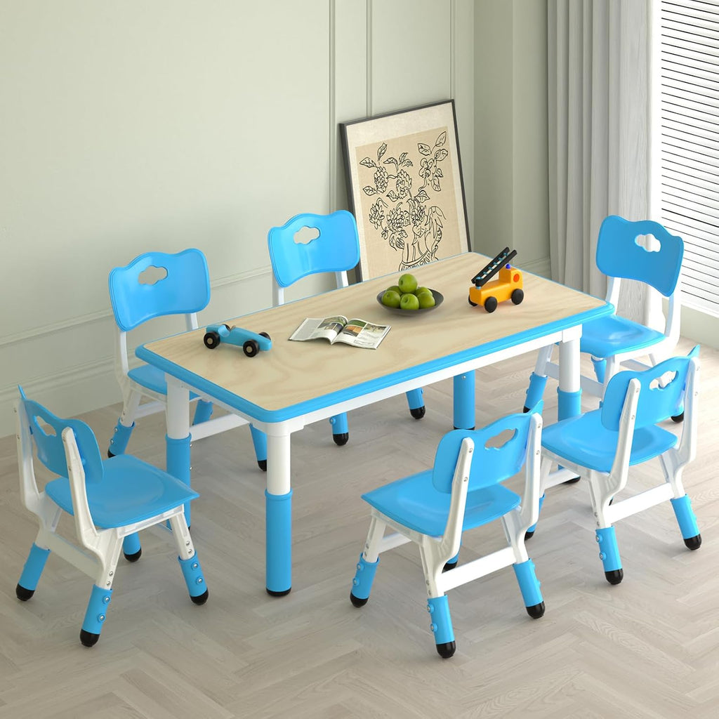 LulliSpace Kids Study Table and 6 Chairs Set,Height Adjustable Table and Chairs for Children and Toddlers,47.2"X23.6"Graffiti Desktop,Suitable for Daycare,Classrooms, Home