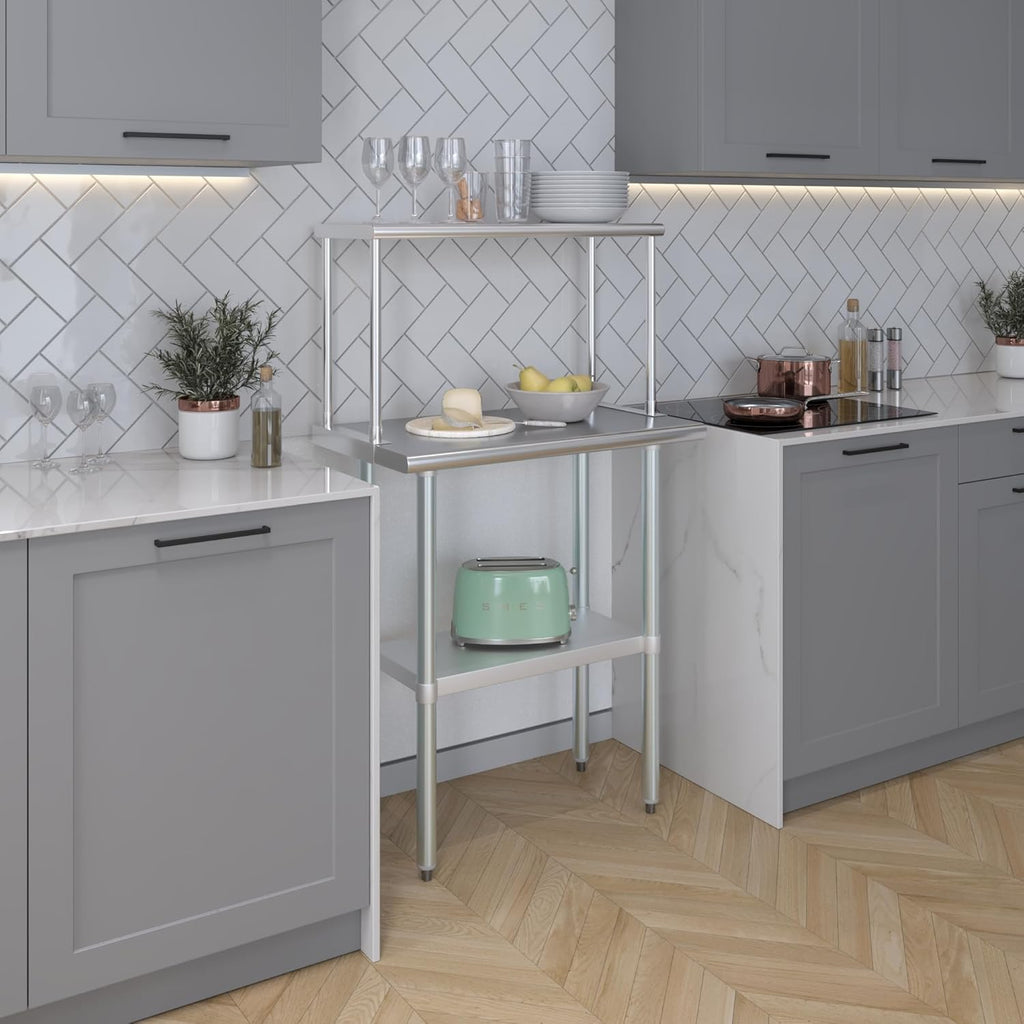 Stainless Steel Work Table with Wide Single Tier Overshelf | Metal Kitchen Prep Table & Shelving Combo (18" x 30" Work Table + 12" Overshelf)