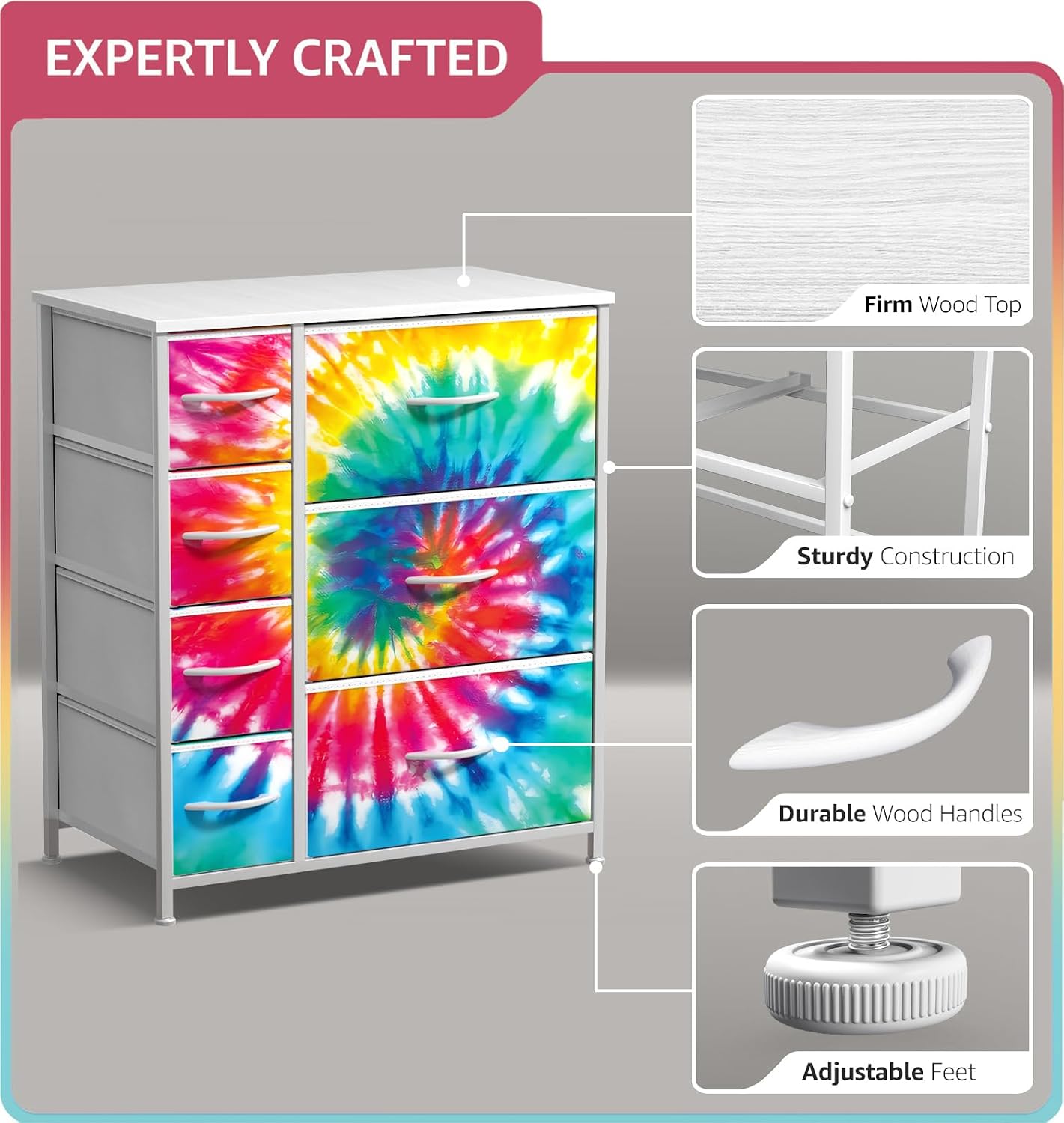 Sorbus Dresser with 7 Drawers - Furniture Storage Chest for Kid’s, Teens, Bedroom, Nursery, Playroom, Clothes, Toys - Steel Frame, Wood Top, Tie-dye Fabric Bins (7-Drawer, Tie-dye)