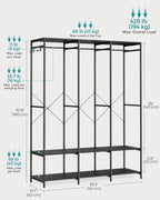 SONGMICS Clothes Rack, Iron and Wood Wardrobe Closet Organizer, Heavy Duty Garment Rack with Hanging Rods, Closet Shelves, Removable Hooks, 15.7 x 55.5 x 70.9 Inches, Ebony Black URGR005B56