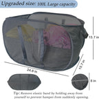 Upgraded 100L Collapsible Laundry Basket, Extra Large Mesh Pop Up Laundry Hamper, Dirty Clothes Hamper with long Handles, Pop-up Hampers for Laundry Travel. Dorm or Home Portable Laundry Basket. Black