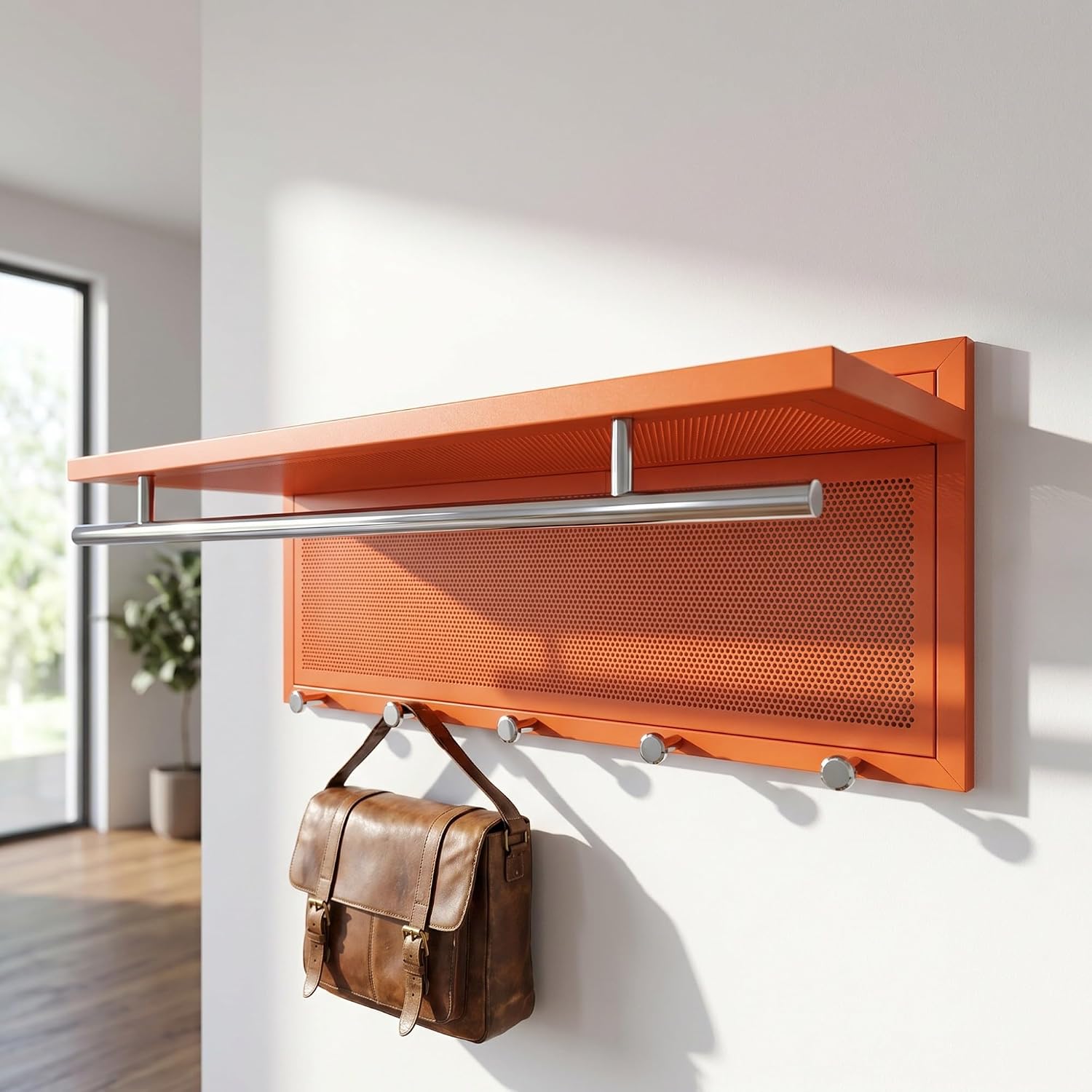 Wall Mounted Coat Rack with Shelf & Hooks, 29.5" Entryway Organizer | Metal Powder Coated, 5 Hooks & Chrome Accents, Space-Saving & Easy to Install, Ideal for Hallway, Mudroom, Orange