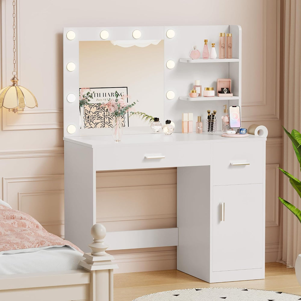 YESHOMY 35.4" Vanity Desk with Mirror & Lights, Power Outlet,Fresh W...