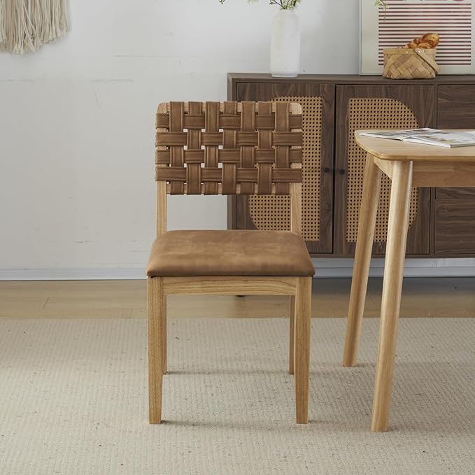 VINGLI Brown Woven Wooden Dining Chairs Set of 4,Armless Mid Century Modern Desk Chairs with Rivet&Foot Pegs,Upholstered Farmhouse Comfy Chair No Wheels for Dining Room,Living Room,Kitchen,Oak,Suede