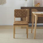 VINGLI Brown Woven Wooden Dining Chairs Set of 4,Armless Mid Century Modern Desk Chairs with Rivet&Foot Pegs,Upholstered Farmhouse Comfy Chair No Wheels for Dining Room,Living Room,Kitchen,Oak,Suede