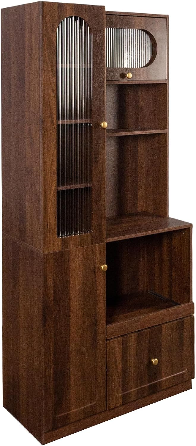 Pantry Cabinet, 71" Kitchen Buffet Hutch with Fluted Glass & Pull-Ou...