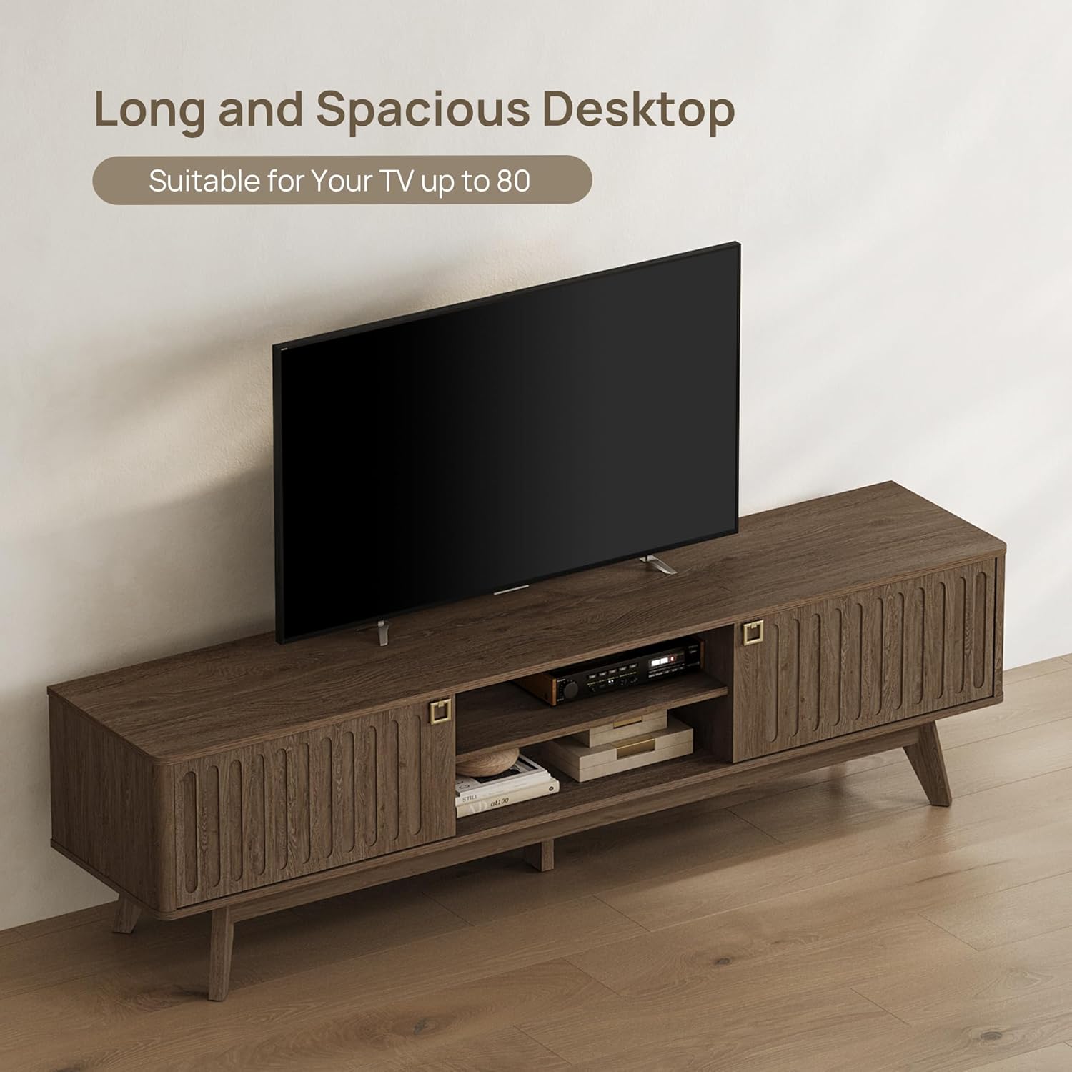 SICOTAS 70" Long TV Stand for Living Room, Modern TV Stand Entertainment Center with 2 Storage Cabinets, Mid Century Fluted-Door Media Console Table for 50/60/70/80 Inch TV, Coffee Oak