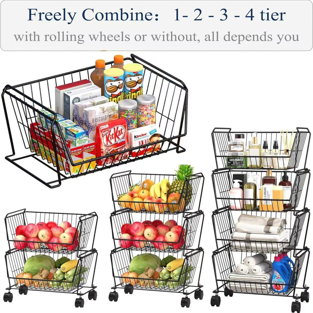 PUSDON Stackable Metal Storage Carts, Dual Use Shelf for Kitchen Fruit Vegetable Baskets with Wheels, Storage Rack for Living Room, Home & Office, Standard Black 4 Tiers
