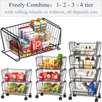 PUSDON Stackable Metal Storage Carts, Dual Use Shelf for Kitchen Fruit Vegetable Baskets with Wheels, Storage Rack for Living Room, Home & Office, Standard Black 4 Tiers