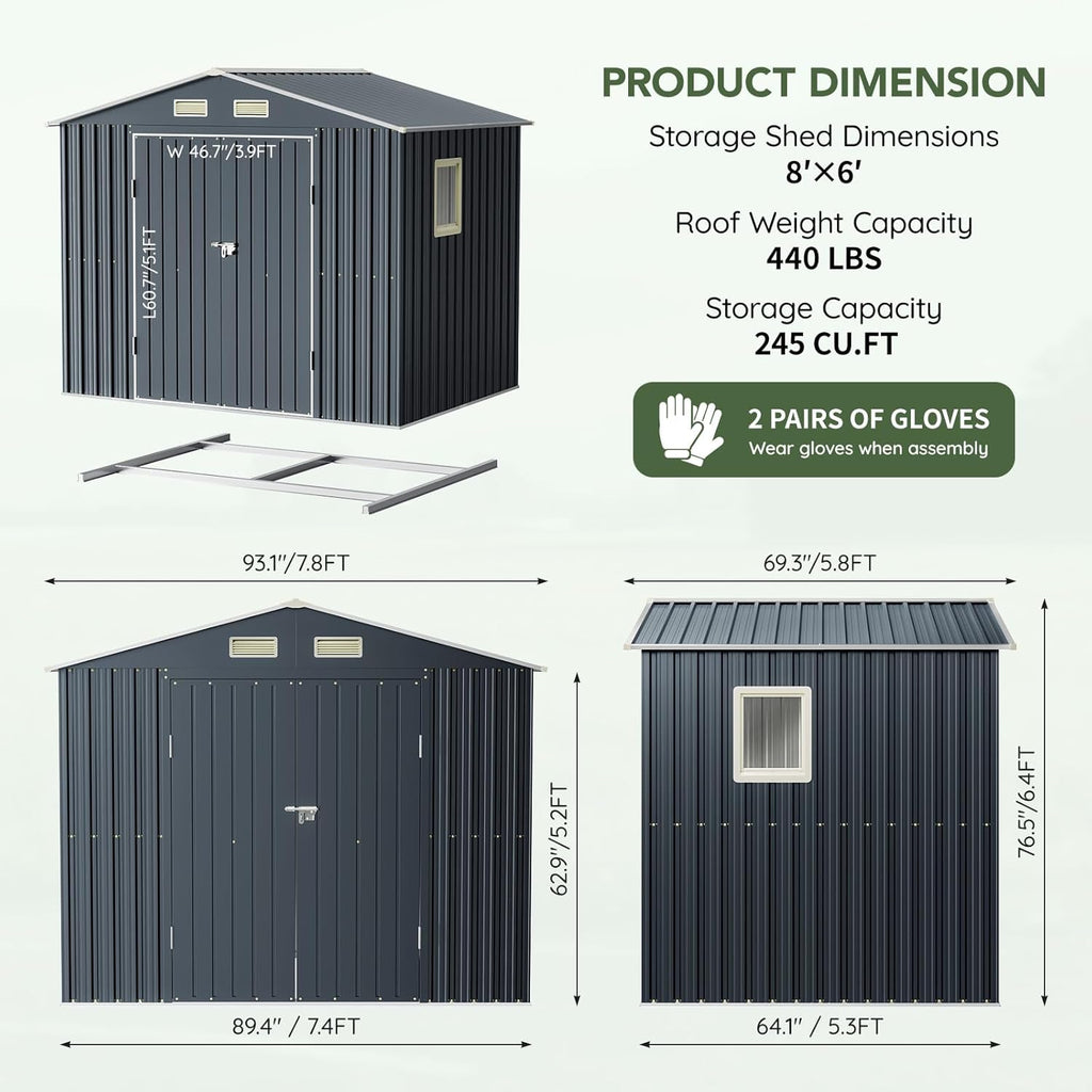 Breezz 6x4FT Metal Storage Shed with Floor Frame & Lockable Doors, Outdoor Steel Garden Shed with Clear Window, Weatherproof Tool Storage for Patio, Yard, and Backyard, Nightblue