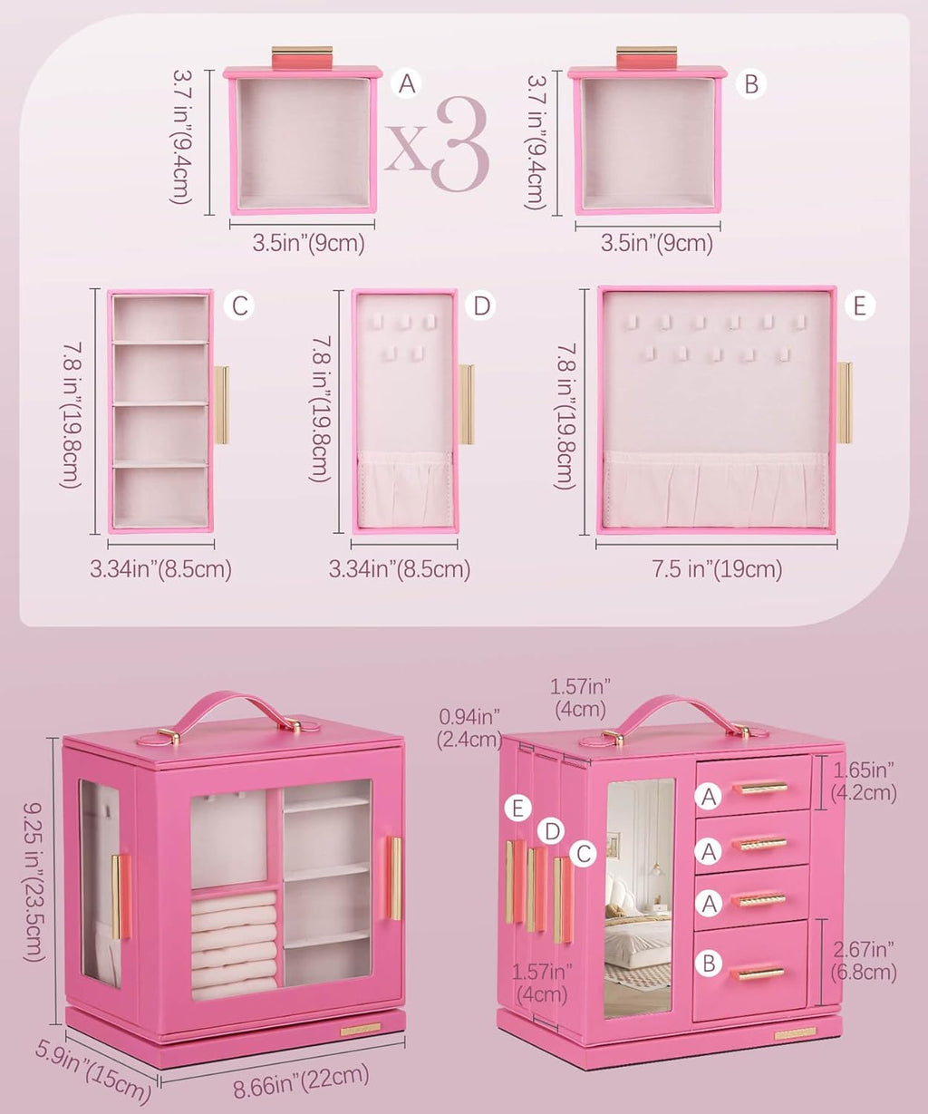 Homde Christmas Gifts Jewelry Box 360° Rotating, Necklace Earring Organizer with Transparent Window, Mirror, 7 Drawers, Large Ring Display Storage Case for Girls Women (Pink)
