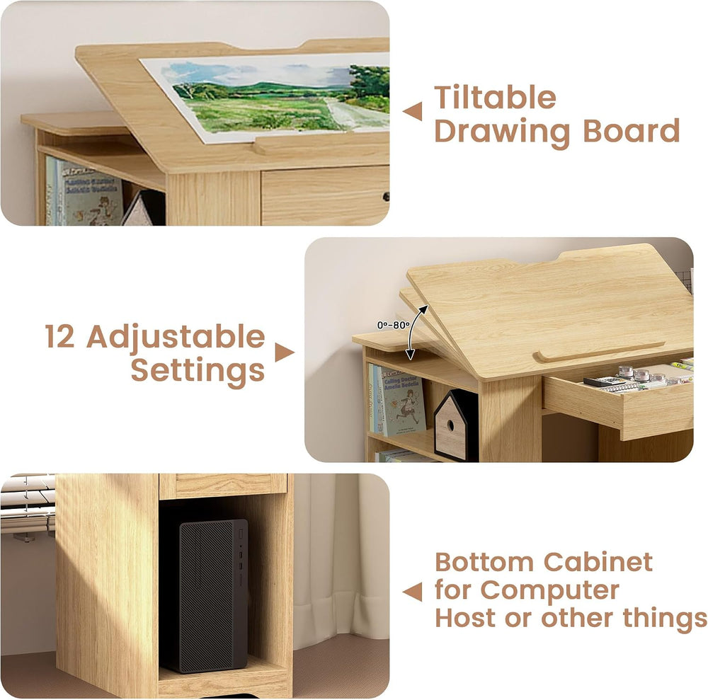 Drafting Table with Storage Cabinet & Drawers, Adjustable Drawing Table w...