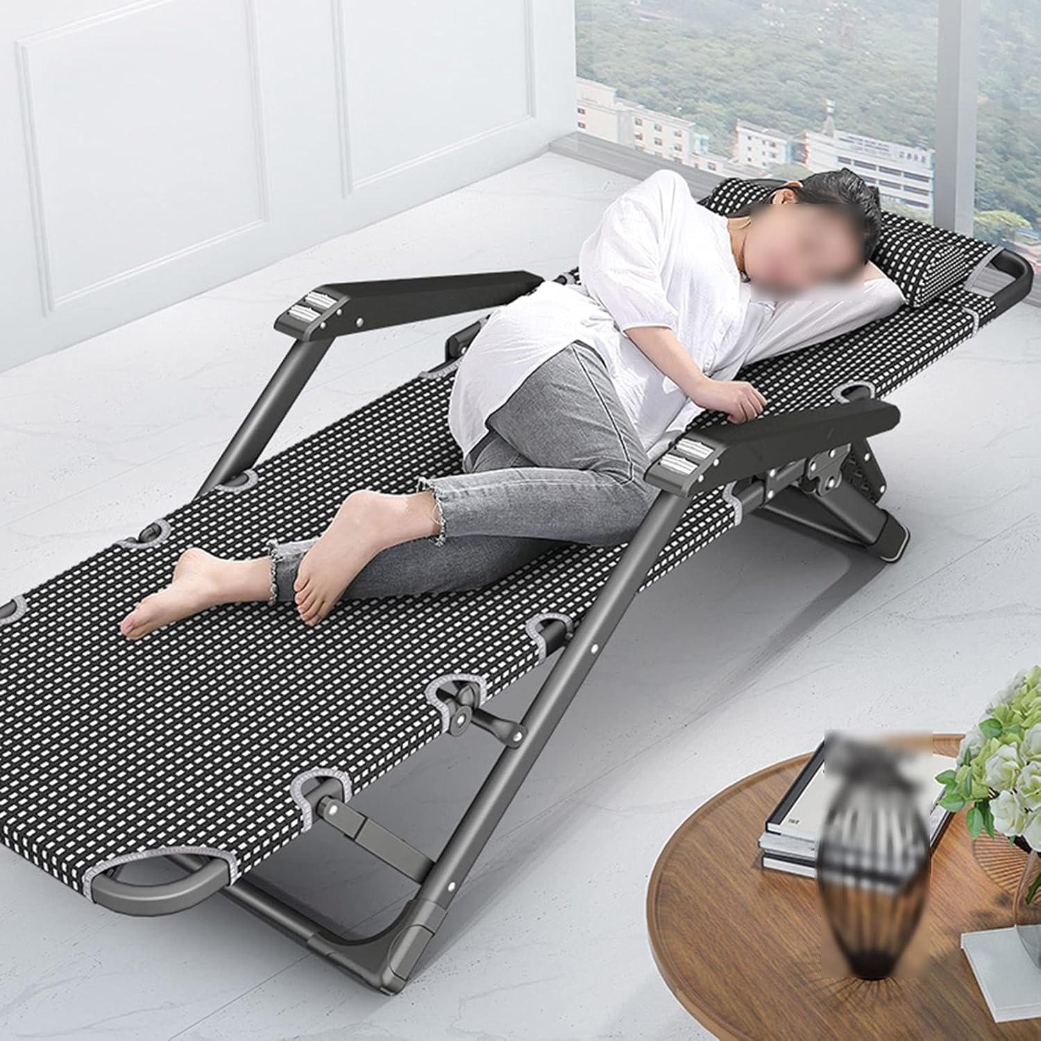 Pink Massage Recliner Folding Balcony Lounge Deck Chair, Multi-Position Adjustable Sun Lounger(Gray Purple Cushion)