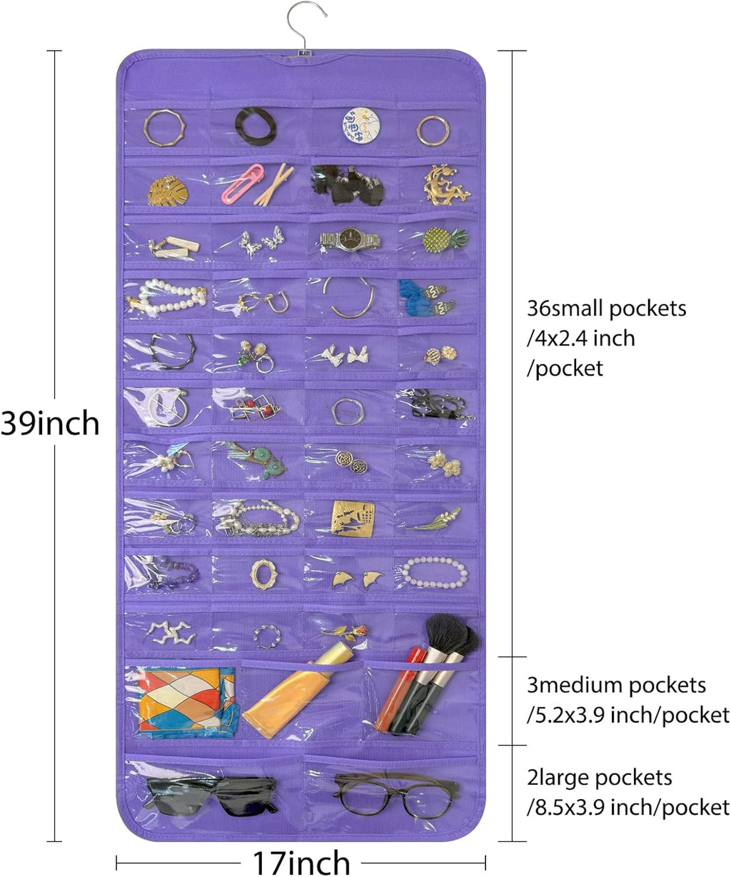 Bloss Hanging Jewelry Organizer With 90 Pockets,Earring Holder Organizer Storage For Valentine's Day Gift,Double-Sided Jewelry Holder for Earrings, Necklaces, Rings on Closet,Wall,Door(Purple)