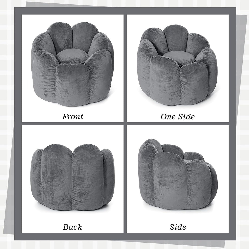 HOMMPA Bean Bag Chair for Adults Comfy Velvet Bean Bag Couch with Back Support Flower Shaped Oversized Sofa for Living Room,Bedroom,Dorm,Grey