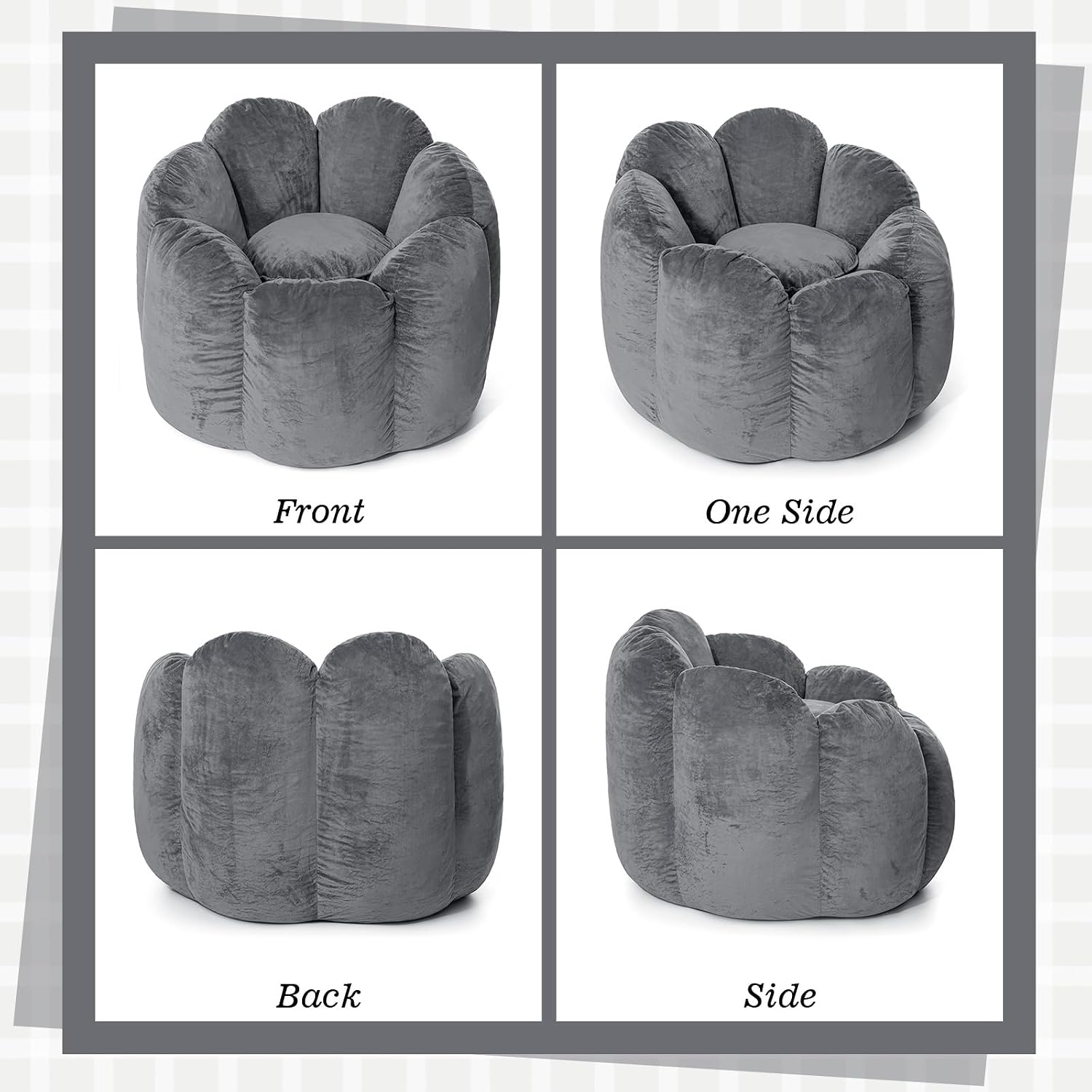 HOMMPA Bean Bag Chair for Adults Comfy Velvet Bean Bag Couch with Back Support Flower Shaped Oversized Sofa for Living Room,Bedroom,Dorm,Grey