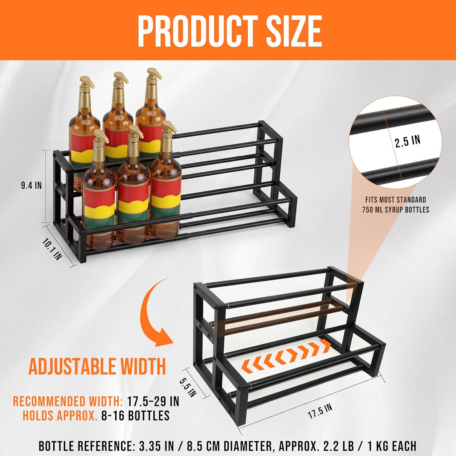Large Expandable Coffee Syrup Organizer, Syrup Rack for 8-16 Bottles | 17.5 to 29 Inch Adjustable Width, Heavy-Duty Metal Syrup Stand, Countertop Coffee Bar Organizer for Kitchen, Cafe & Home Bar