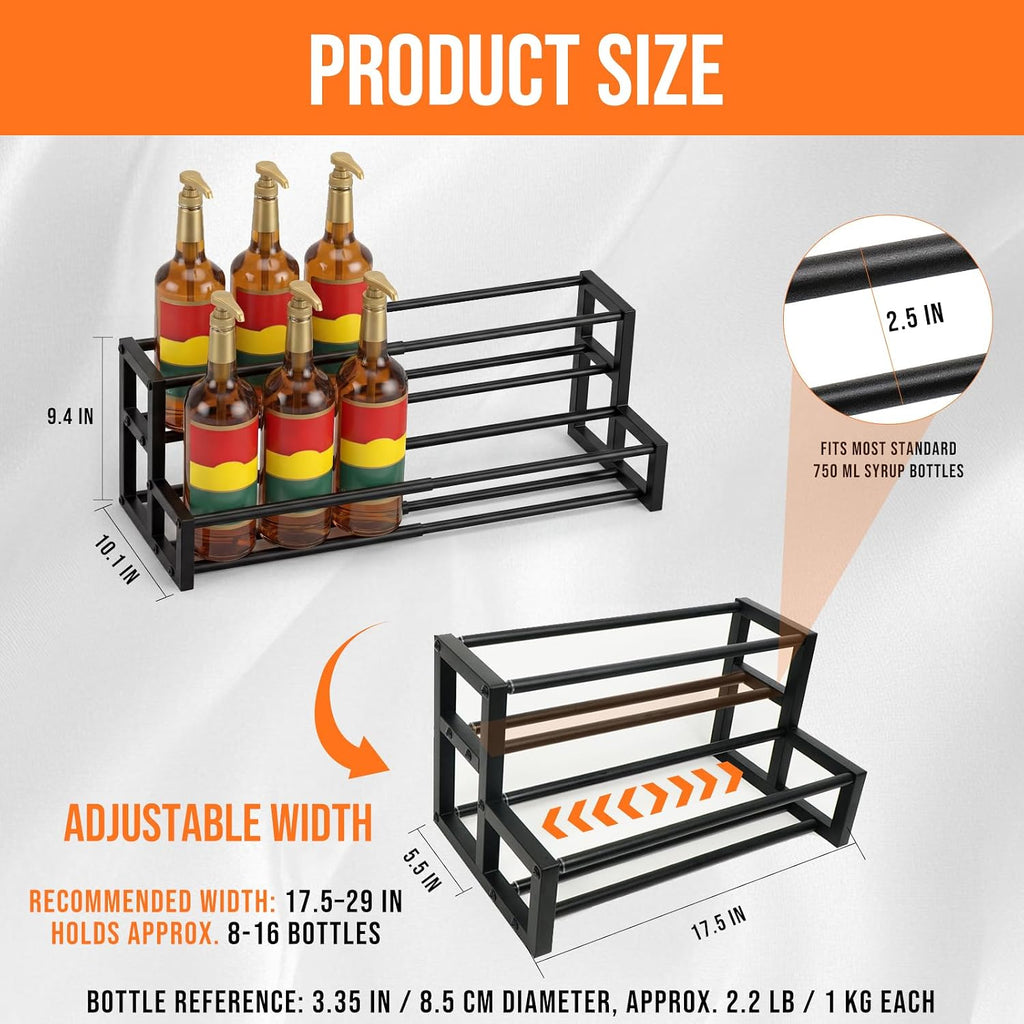 Large Expandable Coffee Syrup Organizer, Syrup Rack for 8-16 Bottles | 17.5 to 29 Inch Adjustable Width, Heavy-Duty Metal Syrup Stand, Countertop Coffee Bar Organizer for Kitchen, Cafe & Home Bar