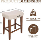 PrimeZone 26 Inch Solid Wood Saddle Backless Bar Stools Set of 2, Beige | Counter Height Barstools with Footrest & Nailhead Trim, Modern Farmhouse Upholstered Linen Counter Stools for Kitchen Island
