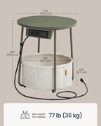 SONGMIC HOME Round Side End Table, Nightstand with Charging Station and Fabric Basket, for Living Room, Green and White