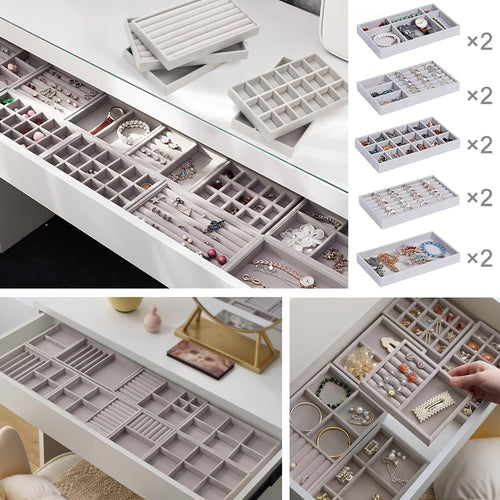 10 Pack Jewelry Organizer Tray Drawer Inserts Stackable Velvet Liner Dividers Customizable Jewellery Box Foam Ring Earring Holder Necklace Bracelet Storage Display Dish Flat in Dresser Vanity