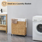 Rolling Laundry Hamper with Wheels, Slim Laundry Basket with Removable Liner Bag & 2 Mesh Bags, Handwoven Water Hyacinth Clothes Hamper for Bedroom Bathroom (Natural, 85L)