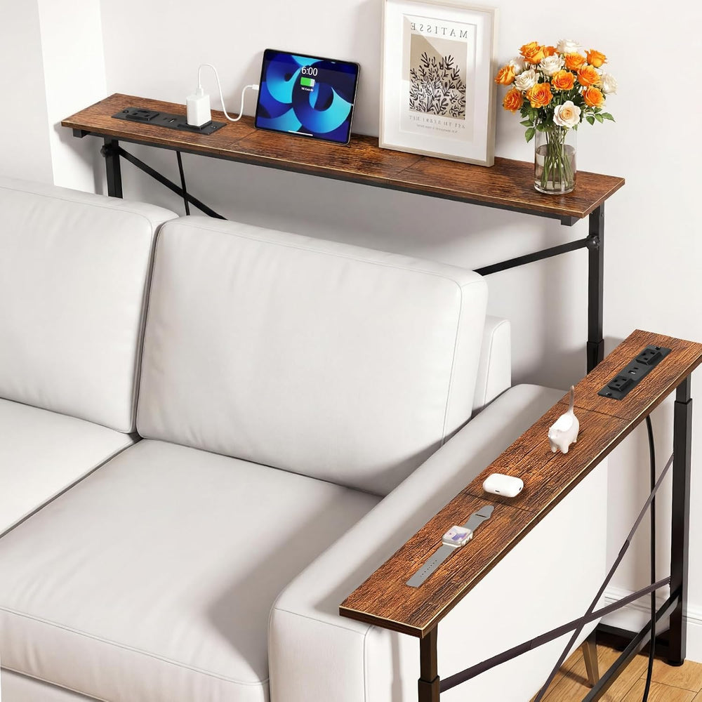 Adjustable Behind Couch Table with Outlets, Brown