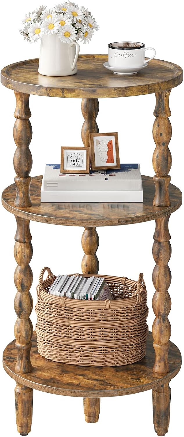 HOOBRO Round Side Table for Small Space, 3-Tier Small Round End Table with Rubberwood Leg, Accent Bedside Table, Circle Nightstand, Living Room, Bedroom, Sofa Couch, Rustic Brown FG218BZ01