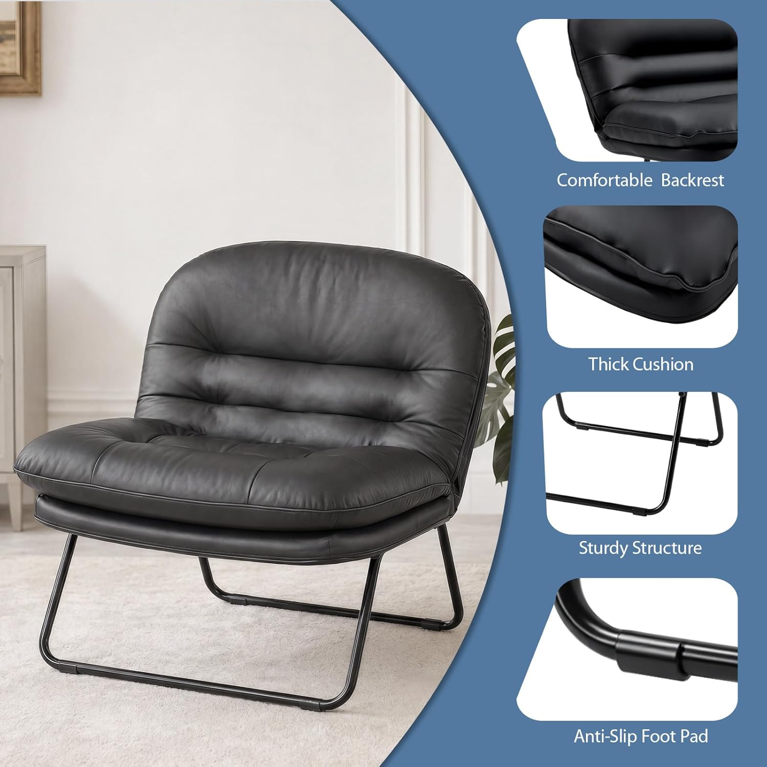 DUMOS Comfy Saucer Chair,PU Leather Foldable Chairs for Bedroom, Living Room, Dorm & Gaming, Small Foldable Fashion Floor Chair with Back Support for Small Spaces Adults,Inky
