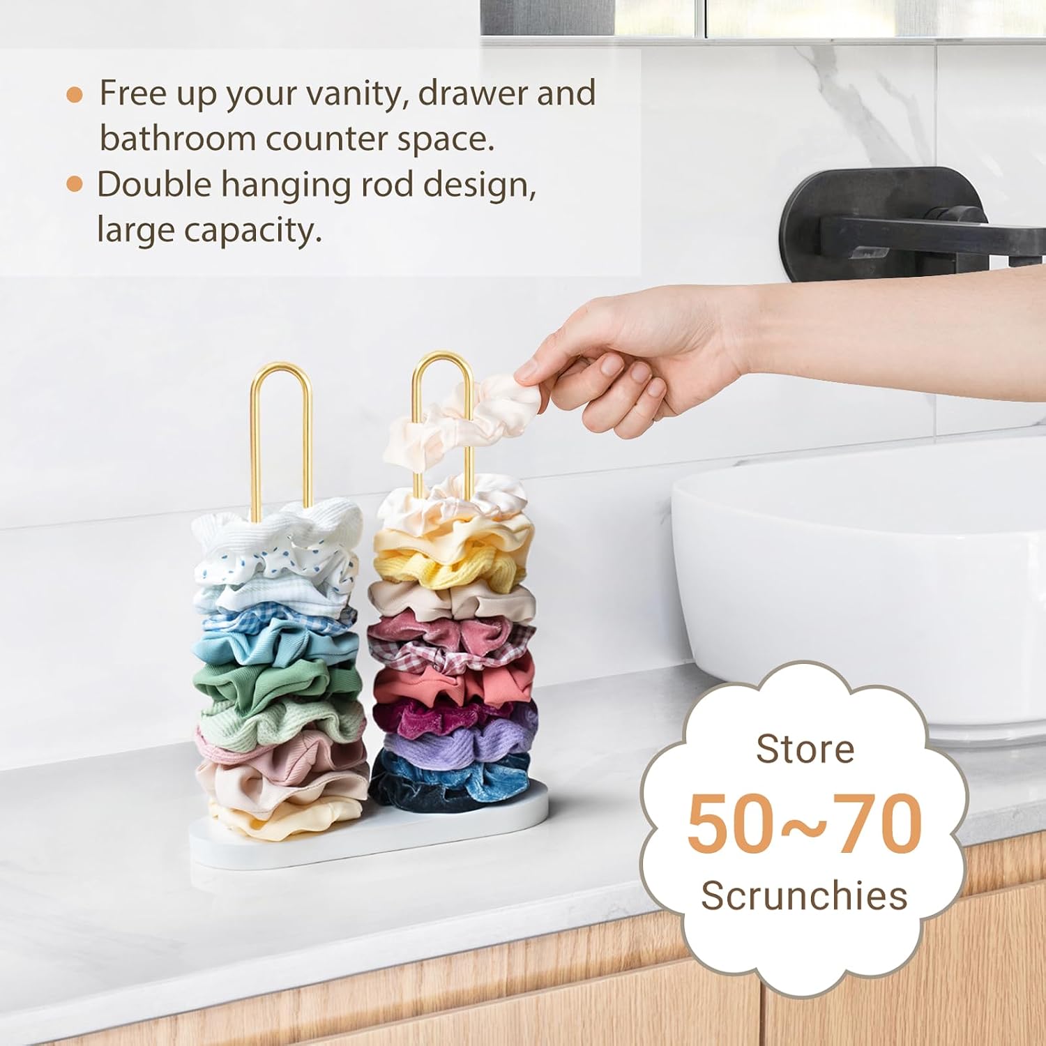 Dahey Scrunchie Holder Hair Tie Organizer Stand 2 Tier Metal Scrunchies Organizer Modern Hair Accessories Organizer Storage Display 50-70 Scrunchies Jewelry Scrunchy Holder for Girls, Gold