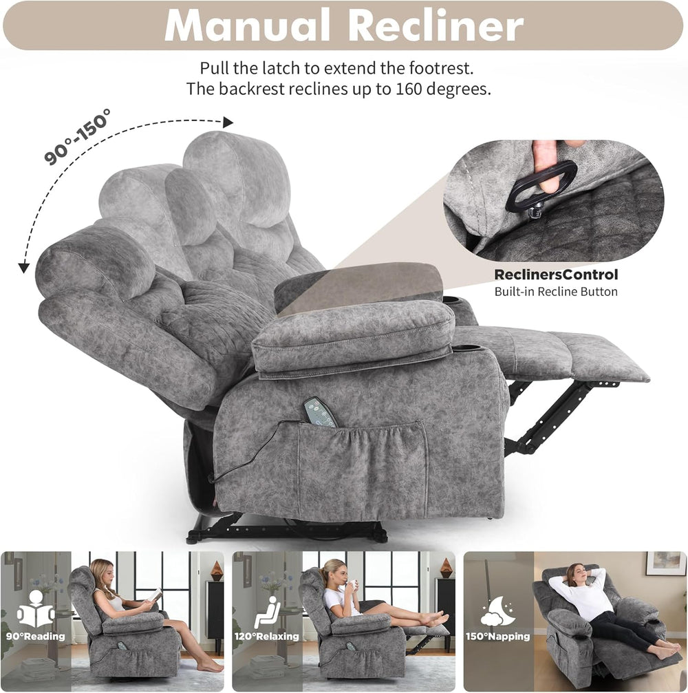 Overstuffed Massage Recliner Chair with Heat, Wide Seat Reclining Chair for H...