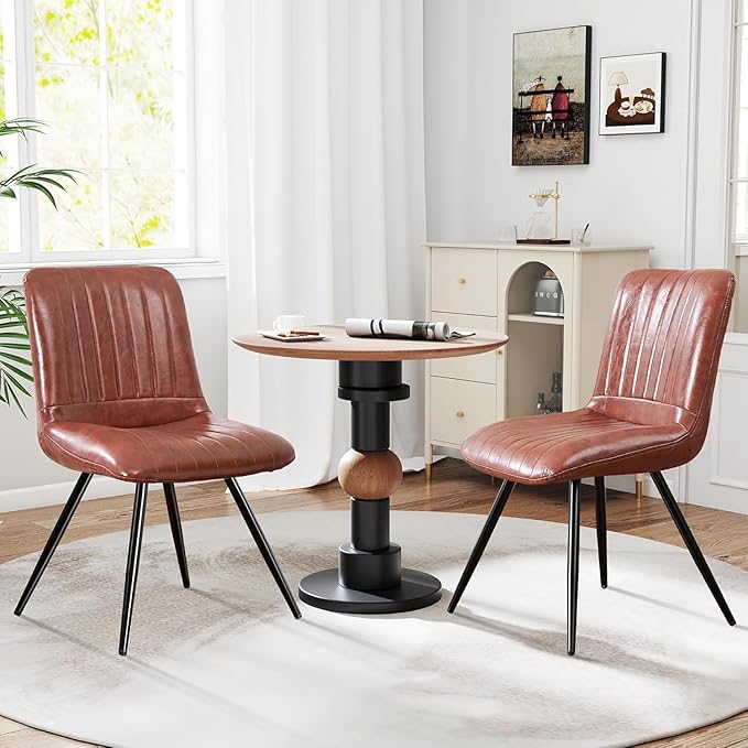 Dining Chairs Set of 2, Modern Dining Chairs with Thick Cushions, PU Leather Upholstered Kitchen Dining Room Chairs with Metal Legs for Dining Living Room (Reddish Brown)