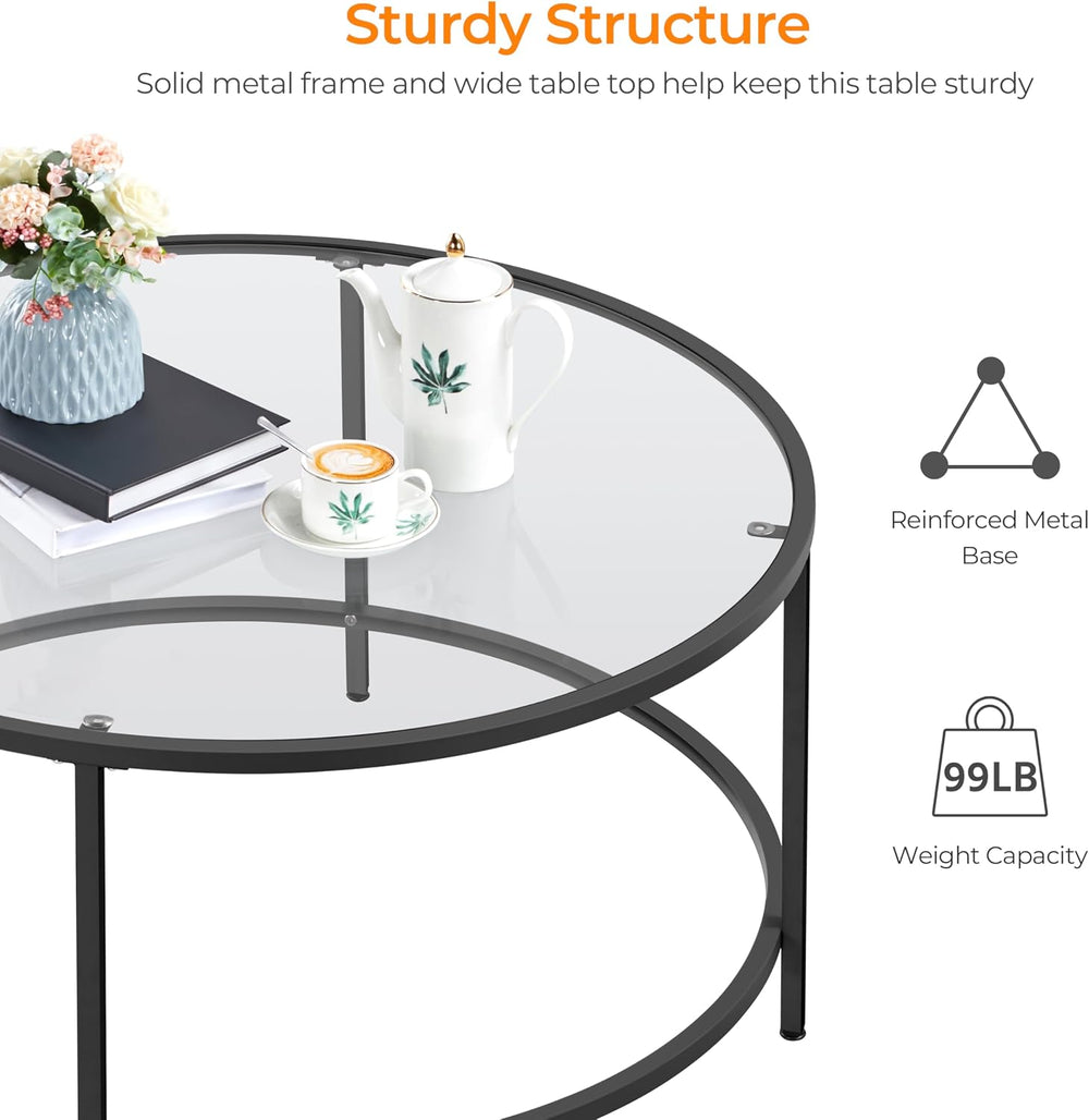 Yaheetech 36" Round Glass Coffee Table for Living Room, Metal Frame, Black