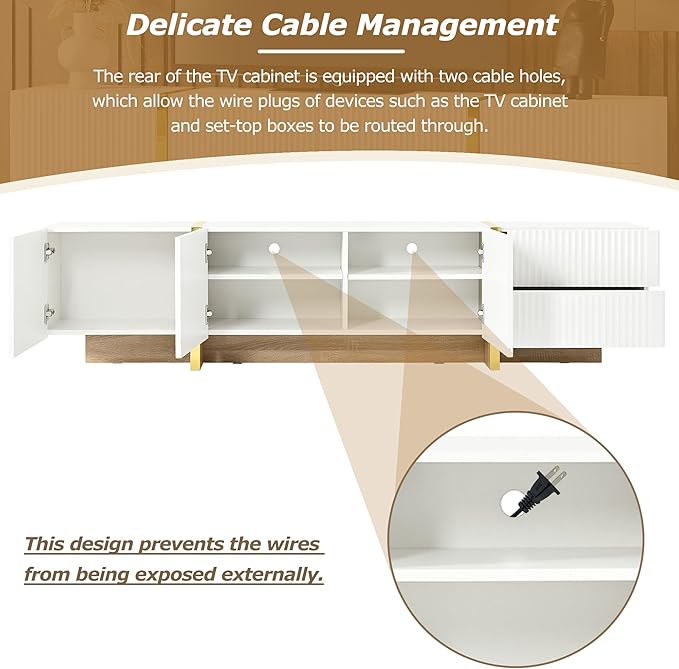 Ball & Cast Luxury Fluted TV Stand with Storage Cabinets for TVs up to 80", Modern Entertainment Center w/2 Drawers & Golden Wood Grain Leg, Media Console for Living Room,Bedroom,White