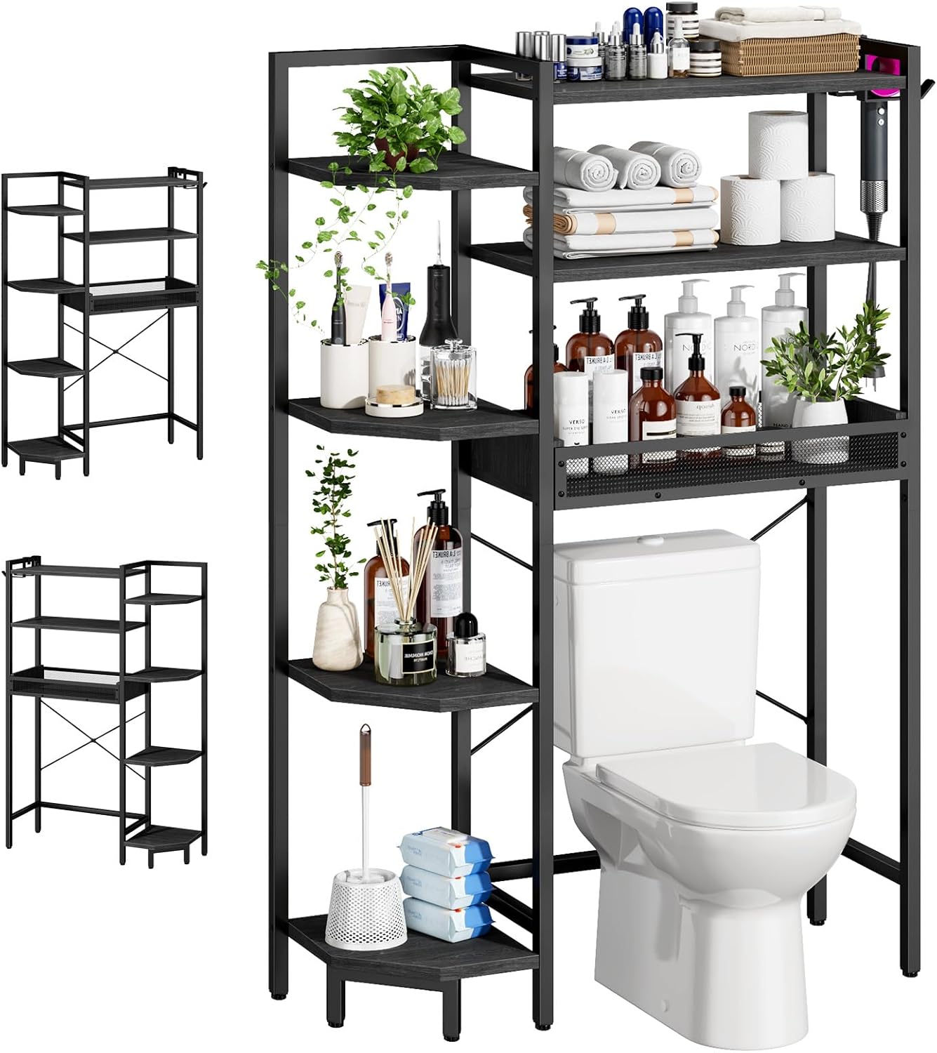 K1 Heavy Duty 7-Tier Over The Toilet Storage（with Basket and Paper Hook） Freestanding Above Toilet Shelf with Adjustable Feet，Space Saver Bathroom Shelves 9.3" D x 33.5" W x 63.8" H，Black