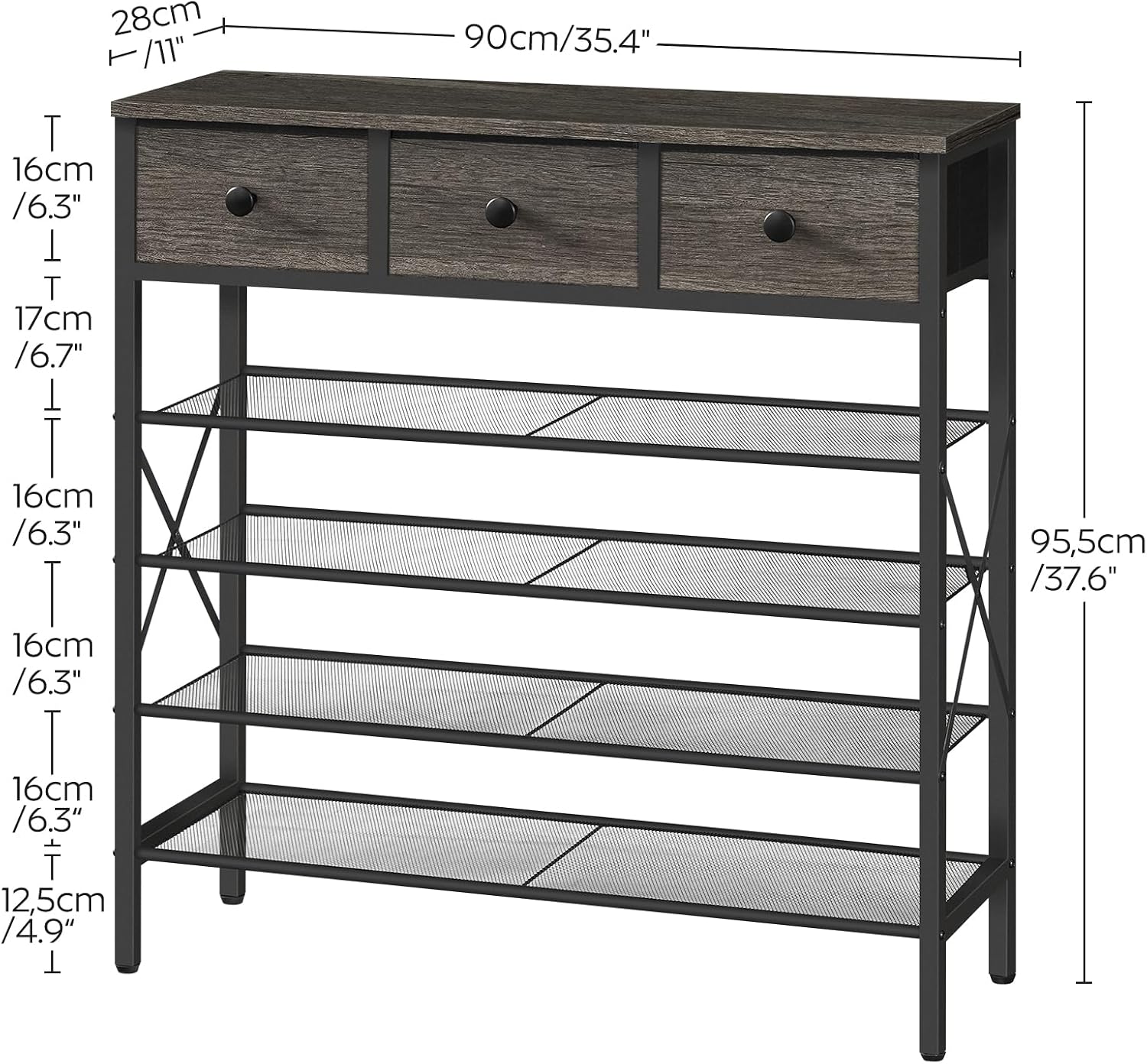 5-Tier Shoe Rack with 3 Drawers, Metal Shoe Organizer for 20 Pairs with Storage Shelves and Wooden Top, for Entryway, Hallway, Foyer, Closet, Charcoal and Black SS35BC