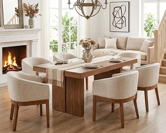 Mid Century Modern Upholstered Barrel Dining Chairs with Arms Set of 6, Farmhouse Linen Kitchen & Dining Room Chairs with Natural Hardwood Frame, 18" W Accent Chairs for Living Room Bedroom, Beige