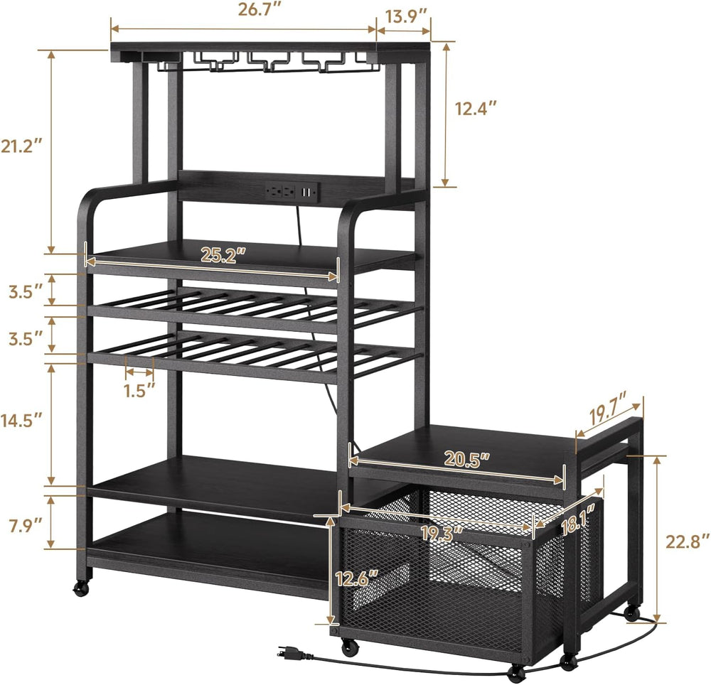 Mini Fridge Stand with Power Outlet, Microwave Stand with Wine Rack, Coffee b...