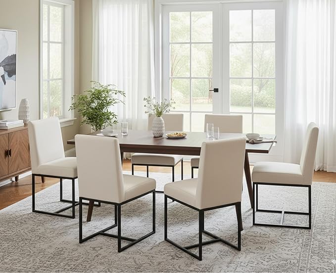 CIMOTA Modern Linen Dining Chair Set of 4, Mid Century Dining Room Chairs Fabric Upholstered Armless Side Chair with Black Sled Base for Dining Room, White Cream 4PCS