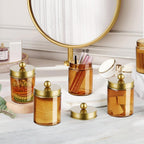 Amolliar Bronze Glass Apothecary Jar With Metal Lid & Stickers, Bathroom Qtip Dispenser Storage Canister, Perfect for Cotton Balls, Cotton Swabs, Makeup Pads, Bath Salt, Floss, 2 Pack(Gold)