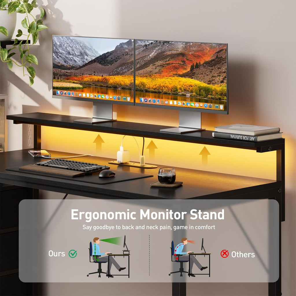 HLDIRECT 44 inch Gaming Desk with 3 Fabric Drawers & Side Hooks-Reversible Home Office Computer Desk with Power Outlets & Led Lights, Gamer Desk Table with Monitor Stand, Black