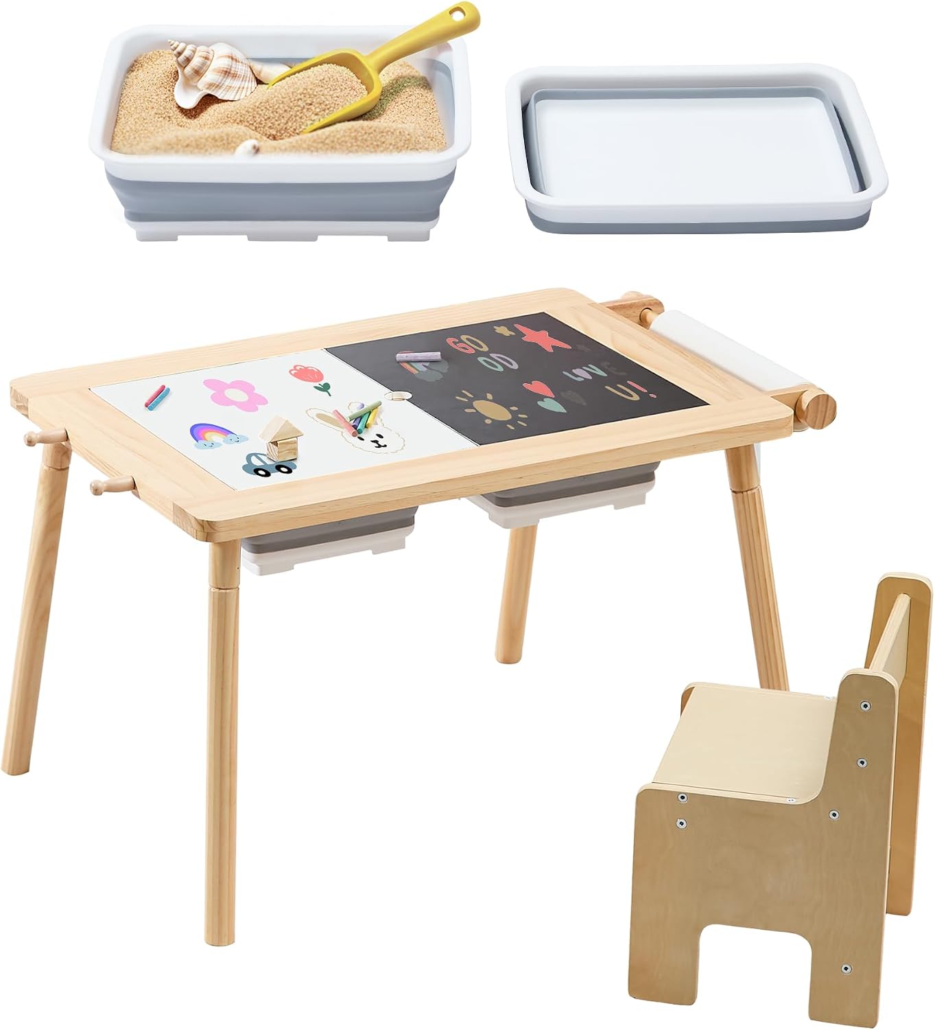 DOREROOM Sensory Toddler Table & Chair Set, Double-Side Graffiti, Natural | 2 Storage Bins & Roller holder, Sand & Water Tables with Building Block Base, For Playroom, Daycare, Classroom, Home, Ages 3+